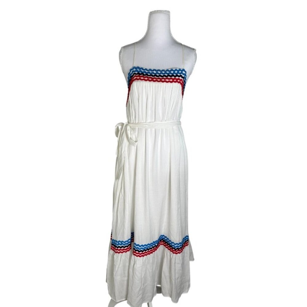 White Ric Rac Trim Midi Dress Red Blue Nautical Smocked Back Tie‎ Waist NWOT